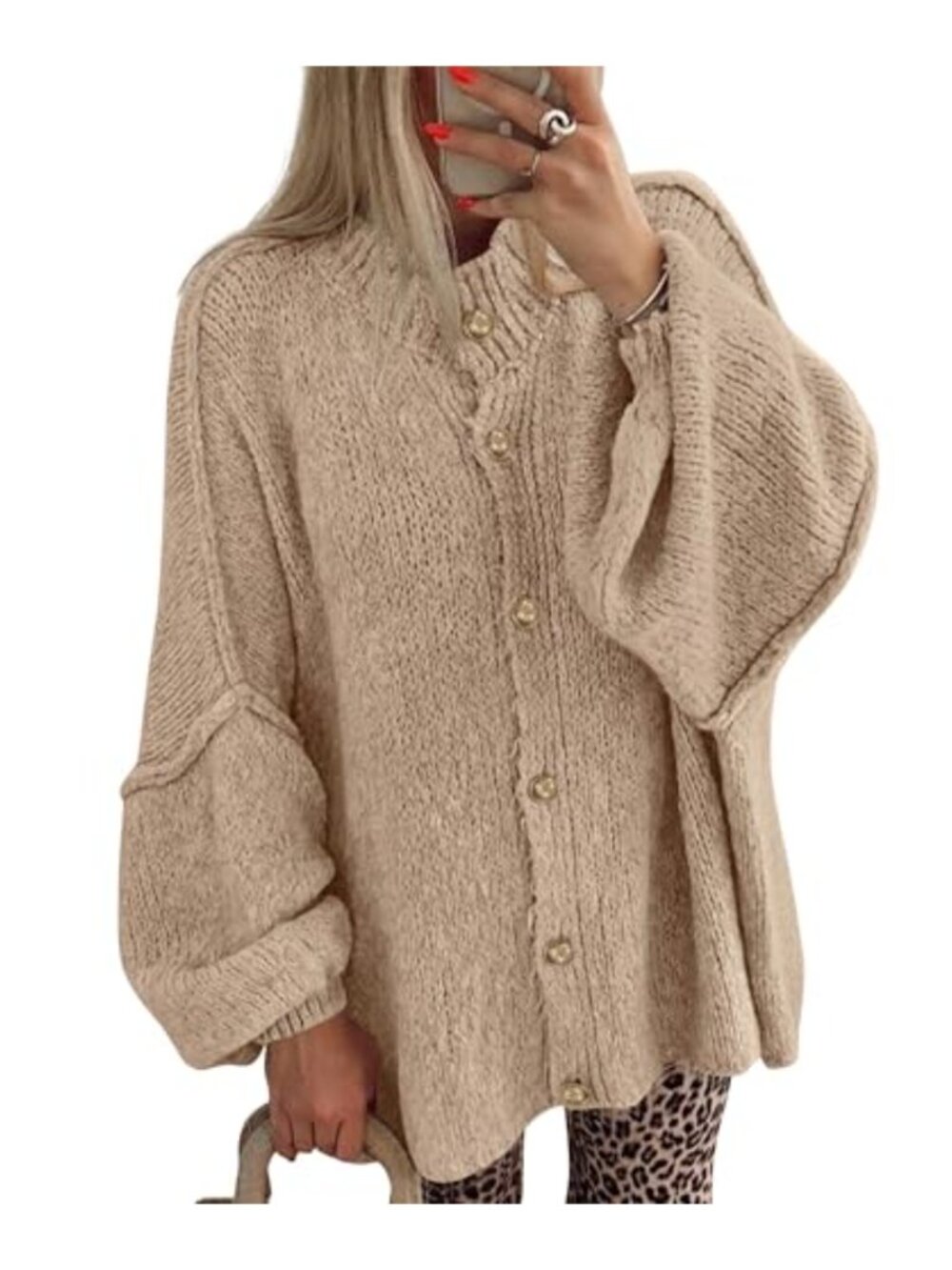 Oversized Cable Knit Cardigan Lantern Sleeve Button Down Sweater